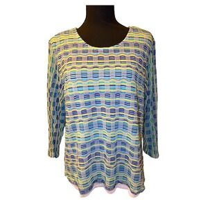 Alfred Dunner Blue Green Textured Knit Top 3/4 Sleeve Size Large
